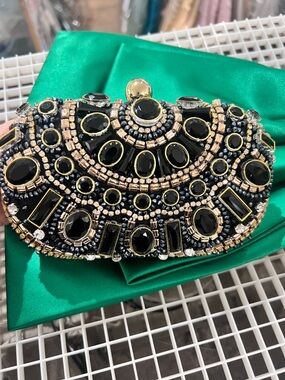 Beaded Black Gemstone Evening Clutch with Gold Accents